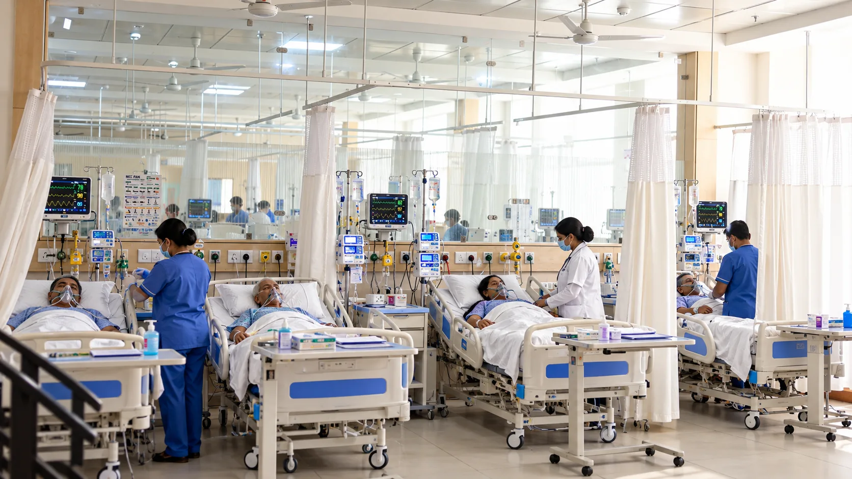 Busy modern hospital ward with patients and staff at Indraprastha Institute of Medical Sciences